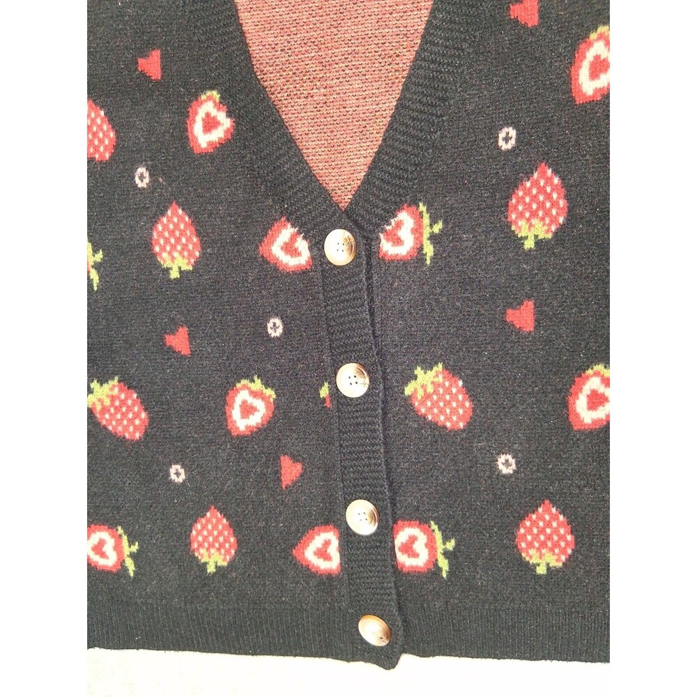 Cider Ballon Sleeve Button Up Cardigan Womens 1XL Black Strawberry Fruit Preppy - Picture 4 of 13
